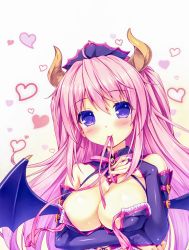 Rule 34 | 1girl, absurdres, bare shoulders, boku to koi suru ponkotsu akuma., breast hold, breasts, bridal gauntlets, bustier, can, cleavage, demon girl, demon wings, detached collar, elbow gloves, fingerless gloves, front-tie top, gloves, hand on own chest, heart, highres, horns, kiritani riria, large breasts, mouth hold, pink hair, purple eyes, purple gloves, ribbon, ribbon in mouth, sayori (neko works), smile, solo, tiara, untied, upper body, wings