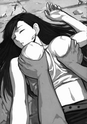 Rule 34 | 1990s (style), 1girl, belt, black hair, grabbing another&#039;s breast, breasts, earrings, closed eyes, final fantasy, final fantasy vii, grabbing, greyscale, groping, highres, jewelry, large breasts, long hair, lying, midriff, molestation, monochrome, non-web source, retro artstyle, sleep molestation, sleeping, solo focus, tifa lockhart, unconscious