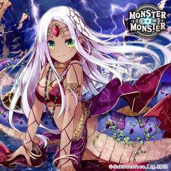 Rule 34 | 1girl, aparara nagaraja, breasts, cleavage, green eyes, jewelry, lamia, lots of jewelry, miyase mahiro, monster girl, monster monster, necklace, smile, solo, white hair