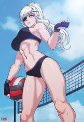 Rule 34 | 1girl, abs, ball, beach volleyball, beckoning, bikini, black bikini, black gloves, blue eyes, blue sky, breasts, come at me bro, commentary, day, english commentary, eyepatch, fingerless gloves, from below, genkai zero, gloves, highres, holding, holding ball, large breasts, long hair, muscular, muscular female, navel, original, outdoors, playing sports, ponytail, shiny skin, sky, solo, summer, swimsuit, tankini, valestina, volleyball, volleyball (object), volleyball net, white hair