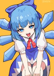Rule 34 | 1girl, :d, absurdres, ahoge, bent over, blue bow, blue dress, blue eyes, blue hair, blush, bow, cirno, collared shirt, commentary request, dress, eyelashes, fairy, hair between eyes, hair bow, hands on own knees, highres, ice, ice wings, looking at viewer, open mouth, pinafore dress, puffy short sleeves, puffy sleeves, red ribbon, ribbon, shirt, short hair, short sleeves, simple background, sleeveless dress, smile, solo, teeth, tongue, touhou, twitter username, upper teeth only, wd0706, white shirt, wings, yellow background