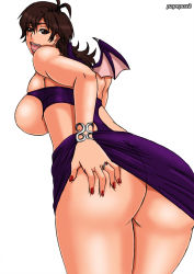 Rule 34 | 1girl, amaha masane, ass, ass grab, bare shoulders, bat wings, bracelet, breasts, brown eyes, brown hair, come hither, demon girl, demon wings, dress, fang, from behind, highres, huge ass, huge breasts, jewelry, long hair, looking at viewer, nail polish, naughty face, open mouth, papepox2, ring, sideboob, smile, demon girl, wings, witchblade