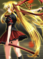 Rule 34 | 1girl, blonde hair, blood-c, blood c (cosplay), blush, cosplay, diesel-turbo, fate testarossa, katana, kisaragi saya, kisaragi saya (cosplay), long hair, lyrical nanoha, mahou shoujo lyrical nanoha, mizuki nana, open mouth, red eyes, voice actor connection, skirt, solo, sword, twintails, very long hair, weapon