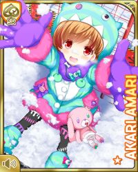 Rule 34 | 1girl, amari akari, arms up, blue jacket, brown hair, card (medium), character name, coat, day, girlfriend (kari), gloves, hood, jacket, lace, leggings, looking at viewer, multicolored hair, nail polish, official art, open mouth, outdoors, ponytail, qp:flapper, red eyes, shirt, short hair, side ponytail, sidelocks, sitting, smile, snow, solo, streaked hair, stuffed animal, stuffed toy, tagme, white background, winter clothes, winter coat