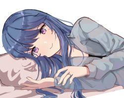 Rule 34 | 1girl, absurdres, bed sheet, blue hair, blush, closed mouth, collared shirt, dress shirt, gar32, grey shirt, hands up, highres, long hair, long sleeves, looking at viewer, lying, on side, pillow, purple eyes, shima rin, shirt, simple background, smile, solo, white background, yurucamp