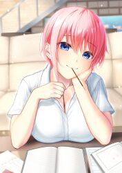 Rule 34 | 1girl, blue eyes, breast rest, breasts, breasts on table, cleavage, closed mouth, collarbone, collared shirt, earrings, elbow rest, food in mouth, go-toubun no hanayome, head rest, incoming pocky kiss, indoors, jewelry, large breasts, looking at viewer, nakano ichika, notebook, pink hair, shiraito, shirt, short hair, smile, solo, table, upper body, white shirt