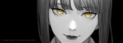 Rule 34 | 1girl, chainsaw man, derivative work, endless (1482999), eyebrows, greyscale, head tilt, highres, light smile, looking at viewer, makima (chainsaw man), comic panel redraw, medium hair, monochrome, parted lips, ringed eyes, simple background, smile, solo, speech bubble, spoilers, yellow eyes