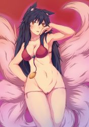 Rule 34 | 1girl, absurdres, ahri (league of legends), animal ears, bikini, black hair, blush, breasts, cleavage, facial mark, fox ears, fox tail, hand in own hair, hand on own hip, highres, large breasts, league of legends, looking at viewer, mino kureha, multiple tails, navel, open mouth, pussy, pussy peek, solo, swimsuit, tail, whisker markings, yellow eyes
