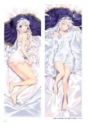 Rule 34 | 1girl, ;p, bare arms, bare legs, barefoot, bed sheet, breasts, closed eyes, collarbone, convenient censoring, dakimakura (medium), eris (konosuba), from above, full body, hair censor, highres, index finger raised, kono subarashii sekai ni shukufuku wo!, lingerie, long hair, looking at viewer, lying, mishima kurone, negligee, official art, on back, on side, one eye closed, page number, red eyes, sideboob, sleeping, small breasts, solo, strap slip, tongue, tongue out, topless, under covers, underwear, veil, very long hair, white hair, white negligee