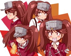Rule 34 | 1girl, :&lt;, :3, bad id, bad pixiv id, blush, brown hair, candy, clenched teeth, closed mouth, collared shirt, dot nose, eyelashes, eyes visible through hair, fire, food, hand up, holding, holding candy, holding food, holding lollipop, japanese clothes, jewelry, kantai collection, kariginu, kikumon, lollipop, long hair, long sleeves, looking at viewer, magatama, magatama necklace, multiple persona, necklace, orange eyes, parted bangs, pyrokinesis, raised eyebrows, ribbon, ribbon-trimmed clothes, ribbon trim, rigging, ryuujou (kancolle), shirt, short eyebrows, simple background, sleeves rolled up, suspenders, swept bangs, swirl lollipop, tassel, teeth, thick eyebrows, translated, twintails, visor cap, white background, white ribbon, white shirt, wide-eyed, wing collar, yukinojou yakan