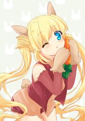Rule 34 | 1girl, alternate costume, animal costume, animal ears, animal print, bare shoulders, blonde hair, blue eyes, blush, brown gloves, canaca chiyuri, carrot, chestnut mouth, commentary request, cowboy shot, detached sleeves, eyes visible through hair, fake animal ears, fake tail, floating hair, gloves, green background, hair between eyes, hands up, highres, holding, holding carrot, leaning forward, long hair, long sleeves, looking at viewer, nakatsu shizuru, no eyepatch, one eye closed, open mouth, orange shirt, rabbit costume, rabbit ears, rabbit print, rabbit tail, red shorts, red vest, rewrite, shirt, shorts, simple background, solo, standing, tail, twintails, very long hair, vest, wavy hair