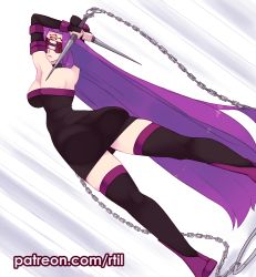 Rule 34 | 1girl, arched back, armpits, arms up, ass, black dress, breasts, chain, commentary, covered eyes, detached sleeves, dress, dutch angle, eyepatch, facial mark, facing viewer, fate/stay night, fate (series), forehead mark, large breasts, legs apart, long hair, medusa (fate), medusa (rider) (fate), parted lips, purple hair, rtil, solo, strapless, strapless dress, thighhighs, very long hair, weapon