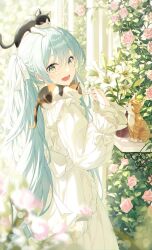 Rule 34 | 1girl, :d, animal, animal on head, backlup, blue hair, cat, cat on head, commentary, cowboy shot, day, dress, flower, from side, green eyes, hair between eyes, hair ornament, hair ribbon, hand up, hatsune miku, highres, long dress, long hair, long sleeves, looking at viewer, lower teeth only, miku day, on head, open mouth, outdoors, pink flower, plant, ribbon, sidelocks, smile, solo, symbol-only commentary, teeth, twintails, very long hair, vocaloid, white dress, white flower, white ribbon