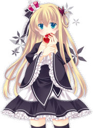 Rule 34 | 1girl, apple, black thighhighs, blonde hair, blue eyes, blush, butterfly hair ornament, collarbone, colored eyelashes, crown, dress, food, fruit, hair ornament, hair ribbon, holding, holding food, holding fruit, long hair, long sleeves, mini crown, open mouth, original, ribbon, simple background, solo, takase kanan, thighhighs, wide sleeves