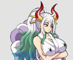 Rule 34 | 1girl, animated, animated gif, blouse, bouncing breasts, breast tattoo, breasts, brown eyes, flashing, green hair, holding, horns, japanese clothes, large breasts, lewdamone, long hair, looking at viewer, multicolored hair, nipples, one piece, open mouth, ponytail, red horns, shirt, simple background, sleeveless, sleeveless shirt, smile, solo, tattoo, two-tone hair, wavy mouth, white background, white hair, yamato (one piece)