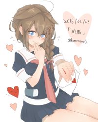 Rule 34 | 10s, 1girl, ahoge, bad id, bad pixiv id, black serafuku, blue eyes, blush, braid, brown hair, cointreau, finger to mouth, flying sweatdrops, hair flaps, hair ornament, hair over shoulder, hair ribbon, hand up, heart, highres, kantai collection, letter, looking at viewer, love letter, pleated skirt, ribbon, school uniform, serafuku, shigure (kancolle), shigure kai ni (kancolle), single braid, skirt, solo, valentine