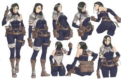 1girl absurdres arm_support arm_up armor ass back bare_shoulders belt belt_pouch black_hair blue_bodysuit bodysuit braid breastplate breasts brown_belt brown_footwear brown_gloves clenched_hand commentary detached_sleeves english_commentary from_above from_behind full_body gloves hair_behind_ear hair_between_eyes hair_over_shoulder hand_on_own_hip highres jewelry large_breasts leg_wrap long_hair looking_at_viewer looking_to_the_side multiple_views original pauldrons pouch sabaton sheath sheathed shoulder_armor single_braid single_pauldron sitting sleeveless sleeveless_bodysuit standing sword sword_behind_back tbocart thigh_pouch thigh_strap turtleneck utility_belt weapon white_background wide_hips yellow_eyes