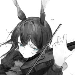 Rule 34 | 1girl, amiya (arknights), animal ears, arknights, ascot, blue eyes, bow (music), closed mouth, grey theme, highres, holding, holding bow (music), instrument, long sleeves, monochrome, music, playing instrument, rabbit ears, simple background, sketch, solo, spot color, tou toutou, unfinished, upper body, violin, white background