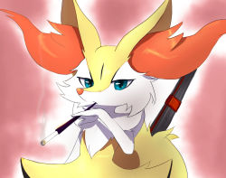 Rule 34 | 1girl, animal ear fluff, animal ears, animal nose, blue eyes, body fur, braixen, creatures (company), eryz, female focus, flat chest, fox ears, fox girl, fox tail, game freak, gen 6 pokemon, half-closed eyes, hand up, highres, holding, holding smoking pipe, jpeg artifacts, looking at viewer, nintendo, outline, smoking pipe, pokemon, pokemon (creature), red background, simple background, smoke, smoking, snout, solo, standing, tail, two-tone fur, upper body, white fur, white outline, wrench, yellow fur