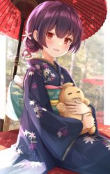 Rule 34 | 1girl, absurdres, blue kimono, doll, floral print, flower, hair flower, hair ornament, highres, holding, holding doll, idolmaster, idolmaster shiny colors, japanese clothes, kimono, long sleeves, morino rinze, obi, outdoors, parted lips, pillarboxed, purple hair, red eyes, sash, short hair, sitting, sky cappuccino, smile, solo, umbrella
