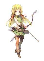 Rule 34 | 1girl, arrow (projectile), belt, blonde hair, boots, bow (weapon), brown footwear, brown gloves, brown pantyhose, closed mouth, dress, elf, full body, gloves, green dress, green eyes, hair ribbon, holding, holding bow (weapon), holding weapon, kuga tsukasa, long hair, looking at viewer, original, pantyhose, partially fingerless gloves, pointy ears, quiver, red ribbon, ribbon, simple background, solo, standing, weapon, white background