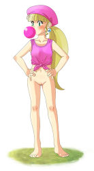Rule 34 | 1girl, ape, barefoot, beret, blonde hair, bottomless, chewing gum, dixie kong, donkey kong (series), donkey kong country, donkey kong country 2, earrings, full body, green eyes, hat, jewelry, long hair, navel, nintendo, no panties, no pants, oyatsu (mk2), ponytail, pussy, shirt, simple background, solo, standing, tank top, tied shirt, uncensored, very long hair, white background