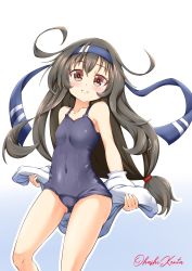 Rule 34 | black hair, blue background, blue one-piece swimsuit, blush, breasts, collarbone, covered navel, gradient background, hair between eyes, hatsushimo (kancolle), hatsushimo kai ni (kancolle), headband, highres, jacket, kantai collection, long hair, long sleeves, looking at viewer, low-tied long hair, old school swimsuit, one-piece swimsuit, oohashi yanta, red eyes, school swimsuit, small breasts, smile, standing, swimsuit, swimsuit under clothes, twitter username, undressing, white background, white jacket