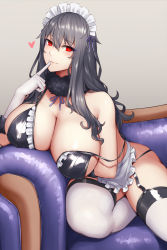 Rule 34 | 1girl, apron, bare shoulders, bikini, black bikini, blush, breasts, character request, cleavage, copyright request, couch, elbow gloves, fur collar, garter belt, gloves, grey hair, kageshio (276006), large breasts, long hair, looking at viewer, maid, maid bikini, maid headdress, red eyes, sitting, smile, solo, swimsuit, thighhighs, thighs, unconventional maid, waist apron, white apron, white gloves, white thighhighs