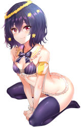 Rule 34 | 10s, 1girl, absurdres, arched back, bare shoulders, between legs, bikini, black hair, blue bikini, blue bow, blue bowtie, blue thighhighs, blush, bow, bowtie, breasts, cleavage, closed mouth, collar, collarbone, commentary, detached collar, detached sleeves, frilled bikini, frilled collar, frills, full body, groin, hair between eyes, hair ornament, highres, leaning forward, looking at viewer, md5 mismatch, mizuno ai, no shoes, puffy short sleeves, puffy sleeves, red eyes, resolution mismatch, seiza, short hair, short sleeves, simple background, sitting, small breasts, smile, solo, source larger, striped bikini, striped bow, striped bowtie, striped clothes, striped neckwear, sunhyun, swimsuit, thighhighs, white background, wrist cuffs, zombie land saga