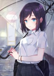 Rule 34 | 1girl, bad id, bad pixiv id, bag, black hair, black skirt, blue eyes, blush, bracelet, breast pocket, bus stop, closed mouth, collared shirt, commentary request, cowboy shot, earrings, from side, goroo (eneosu), highres, holding, holding umbrella, jewelry, looking at viewer, looking to the side, original, outdoors, plaid, plaid skirt, pleated skirt, pocket, rain, school bag, school uniform, shirt, short sleeves, skirt, smile, solo, stud earrings, swept bangs, transparent, transparent umbrella, umbrella, white shirt, wing collar