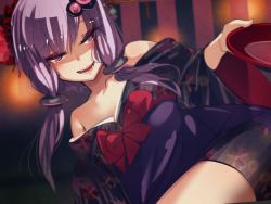 Rule 34 | 1girl, absurdres, at2., bare shoulders, blush, collarbone, fangs, floral print, half-closed eyes, highres, japanese clothes, kimono, long hair, looking at viewer, low twintails, lying, off shoulder, on side, open mouth, purple eyes, purple hair, smile, solo, teeth, twintails, voiceroid, yuzuki yukari