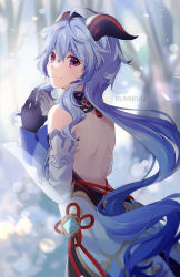 Rule 34 | 1girl, ahoge, backless outfit, bare back, bare shoulders, black gloves, blue hair, commentary, detached sleeves, ganyu (genshin impact), genshin impact, gloves, hair between eyes, highres, horns, k-rumi, long hair, long sleeves, looking at viewer, own hands together, purple eyes, skirt, smile, solo, steepled fingers, upper body, very long hair, white skirt
