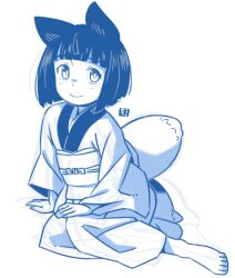 Rule 34 | 1girl, animal ears, barefoot, blue theme, closed mouth, commentary request, fox ears, fox girl, fox tail, full body, japanese clothes, kimono, kitsune, long sleeves, looking at viewer, mawaru (mawaru), monochrome, obi, original, sash, short hair, simple background, sketch, smile, solo, tail, white background, wide sleeves