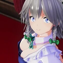 Rule 34 | 1girl, 3d, animated, blue eyes, breasts, cleavage, downblouse, from above, grey hair, izayoi sakuya, large breasts, looking at viewer, mofumoko5, no bra, smile, solo, thighs, touhou, video