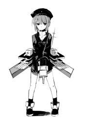 Rule 34 | 10s, 1girl, ankle cuffs, ankle socks, anklet, antennae, blunt bangs, buttons, cannon, collarbone, dress, expressionless, eyebrows, full body, greyscale, gun, hat, holding, holding gun, holding weapon, jewelry, kantai collection, long sleeves, looking at viewer, machinery, mieharu, monochrome, sailor dress, sailor hat, shoes, short hair, simple background, socks, solo, standing, torpedo, turret, turtleneck, v arms, weapon, white background, z3 max schultz (kancolle)