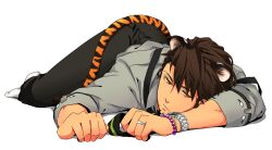 Rule 34 | 1boy, animal ears, black pants, bracelet, brown hair, closed mouth, full body, grey shirt, jewelry, kaburagi t. kotetsu, kemonomimi mode, looking at viewer, lying, male focus, okonon (kado colda), pants, ring, shirt, short hair, simple background, solo, suspenders, tail, tiger &amp; bunny, tiger boy, tiger ears, tiger tail, watch, white background, wristwatch, yellow eyes