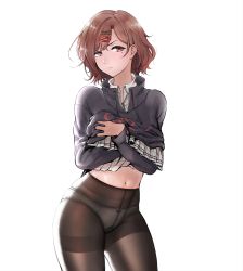 Rule 34 | 1girl, asteria (driftingprhp), backlighting, black sweater, bow, bow panties, brown eyes, brown hair, brown pantyhose, closed mouth, clothes lift, collared shirt, commentary request, cowboy shot, drawstring, frown, gusset, hair ornament, hairclip, hands up, highres, higuchi madoka, idolmaster, idolmaster shiny colors, lifting own clothes, long sleeves, looking at viewer, miniskirt, mole, mole under eye, navel, panties, panties under pantyhose, pantyhose, plaid, plaid skirt, pleated skirt, shirt, short hair, simple background, skirt, skirt lift, solo, standing, stomach, sweater, sweater lift, swept bangs, thighband pantyhose, underwear, white background, white panties, white shirt, white skirt