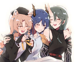 Rule 34 | 3girls, animal ears, arknights, arm around shoulder, arm warmers, armband, backlighting, black gloves, black jacket, black shirt, blonde hair, blue hair, blush, breasts, ch&#039;en (arknights), closed eyes, collared shirt, commentary, dragon horns, dress shirt, drill hair, facial scar, fingerless gloves, gloves, green hair, grin, hair between eyes, highres, horns, hoshiguma (arknights), hoshiguma (ronin huntress) (arknights), jacket, kyou 039, laughing, long hair, medium breasts, multiple girls, official alternate costume, open clothes, open jacket, open mouth, parted bangs, scar, scar on cheek, scar on face, shirt, side drill, simple background, single horn, skin-covered horns, sleeveless, sleeveless shirt, smile, sweatdrop, swire (arknights), tiger ears, turtleneck, twin drills, upper body, white background, white shirt