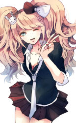 Rule 34 | 1girl, black shirt, blonde hair, blue eyes, bow, bra, breasts, cleavage, collarbone, cosplay, danganronpa: trigger happy havoc, danganronpa (series), enoshima junko (cosplay), eyebrows, eyelashes, female focus, fingernails, freckles, hair bow, hair ornament, hand up, ikusaba mukuro, long hair, looking at viewer, medium breasts, multicolored bow, multicolored clothes, nail polish, necktie, one eye closed, open mouth, pleated skirt, portrait, rabbit hair ornament, red bow, red nails, red skirt, shirt, short sleeves, simple background, skirt, smile, solo, standing, teeth, tongue, twintails, underwear, upper body, v, white background, white bow, white necktie, wink
