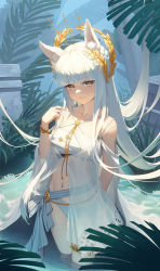 Rule 34 | 1girl, absurdres, animal ear fluff, animal ears, arknights, arm behind back, atkdog, bare shoulders, bikini, blunt bangs, bracelet, breasts, bright pupils, brown eyes, closed mouth, collarbone, day, twirling hair, highres, horse ears, jewelry, laurel crown, long hair, looking at viewer, nervous smile, official alternate costume, outdoors, plant, platinum (arknights), platinum (shimmering dew) (arknights), pond, silver hair, small breasts, smile, solo, swimsuit, swimsuit cover-up, very long hair, wading, water, wavy mouth, white bikini
