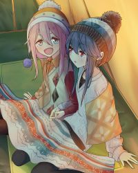Rule 34 | 2girls, beanie, blanket, blue eyes, blue hair, blush, carpet, commentary, eye contact, holding hands, hat, highres, interlocked fingers, kagamihara nadeshiko, kinako mochi, long hair, looking at another, multiple girls, open mouth, pink hair, pom pom (clothes), purple eyes, shima rin, shirt, sitting, sweater, tent, under covers, wariza, winter clothes, yuri, yurucamp