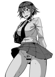 Rule 34 | 1girl, anzio school uniform, bag, blush, braid, breasts, censored, clothes lift, girls und panzer, holding, holding bag, large breasts, mimuni362, monochrome, necktie, no panties, open mouth, pepperoni (girls und panzer), pubic hair, pussy, school uniform, short hair, single braid, skirt, skirt lift, solo, white background, wind, wind lift
