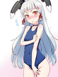 Rule 34 | 10s, 1girl, anger vein, blue hair, blush, choker, covered navel, covering privates, covering crotch, gochou (kedama), hair ribbon, kantai collection, long hair, looking at viewer, murakumo (kancolle), one-piece swimsuit, ribbon, school swimsuit, short eyebrows, sidelocks, solo, swimsuit, tears, translated, wavy mouth, yellow eyes