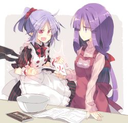 Rule 34 | 2girls, alternate hairstyle, apron, bat wings, book, bow, bowl, card, cat, chocolate, clenched hands, comic, commentary request, dress, fangs, hair ornament, hair scrunchie, holding, holding card, light purple hair, long hair, long sleeves, multiple girls, open mouth, patchouli knowledge, pointy ears, ponytail, purple eyes, purple hair, red eyes, remilia scarlet, satou kibi, scrunchie, short hair, short sleeves, sleeves past wrists, slit pupils, smile, standing, sweater, touhou, translation request, wings, wrist cuffs