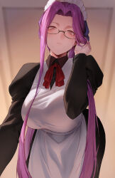 Rule 34 | adjusting hair, breasts, fate/stay night, fate (series), from below, glasses, large breasts, long hair, looking at viewer, maid, medusa (fate), medusa (rider) (fate), purple hair, rororo, very long hair