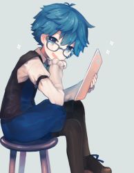 Rule 34 | 10s, 1boy, blue eyes, blue hair, bow, bowtie, fate/extra, fate/extra ccc, fate (series), glasses, hans christian andersen (fate), male focus, munuko, simple background, smile, solo, vest