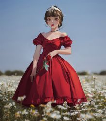 Rule 34 | 1girl, bare shoulders, brown eyes, brown hair, daisy, day, dress, f.k (hs225kr), field, flower, flower field, highres, looking at viewer, mouth hold, off shoulder, original, outdoors, red dress, red flower, red rose, rose, short hair, sky, solo, standing, white flower