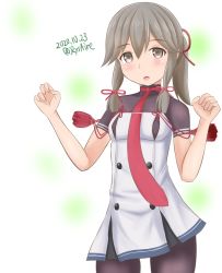 Rule 34 | 1girl, ame-san, artist name, black pantyhose, brown eyes, commentary request, cosplay, cowboy shot, dated, dress, grey hair, highres, kantai collection, long hair, looking at viewer, murakumo (kancolle), murakumo (kancolle) (cosplay), necktie, pantyhose, ponytail, red necktie, red ribbon, ribbon, simple background, solo, standing, thighband pantyhose, usugumo (kancolle), white background, white dress