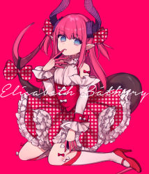 Rule 34 | 1girl, blue eyes, dragon girl, elizabeth bathory (fate), elizabeth bathory (fate), fate/extra ccc, fate/grand order, fate (series), horns, looking away, pointy ears, red background, ribbon, simple background, tail, text focus