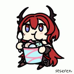 Rule 34 | 1girl, animated, animated gif, arknights, chewing, eating, food, horns, ice cream, lowres, seseren, spoon, surtr (arknights)